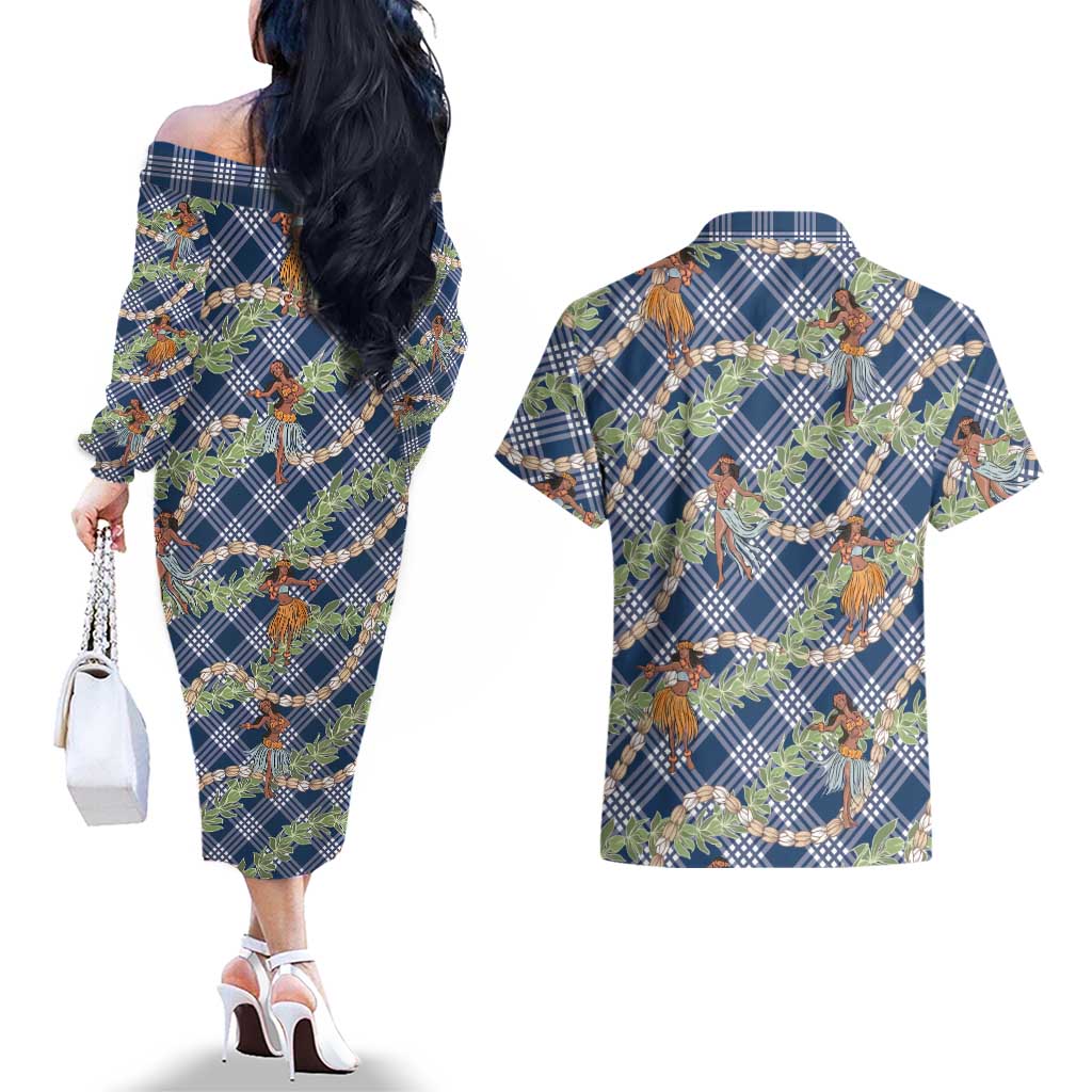 Navy Blue Palaka Hula Girls Seamless Hawaii Aloha Couples Matching Off The Shoulder Long Sleeve Dress and Hawaiian Shirt LT7 - Polynesian Pride