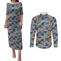 Navy Blue Palaka Hula Girls Seamless Hawaii Aloha Couples Matching Puletasi and Long Sleeve Button Shirt - Polynesian Pride