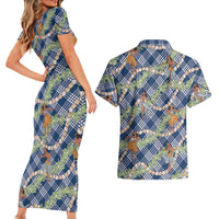 Navy Blue Palaka Hula Girls Seamless Hawaii Aloha Couples Matching Short Sleeve Bodycon Dress and Hawaiian Shirt LT7 - Polynesian Pride