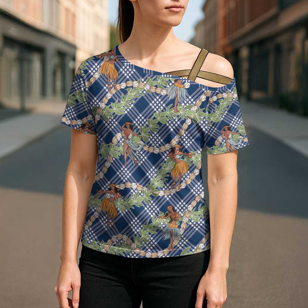 Navy Blue Palaka Hula Girls Seamless Hawaii Aloha Cross Shoulder Shirt - Polynesian Pride