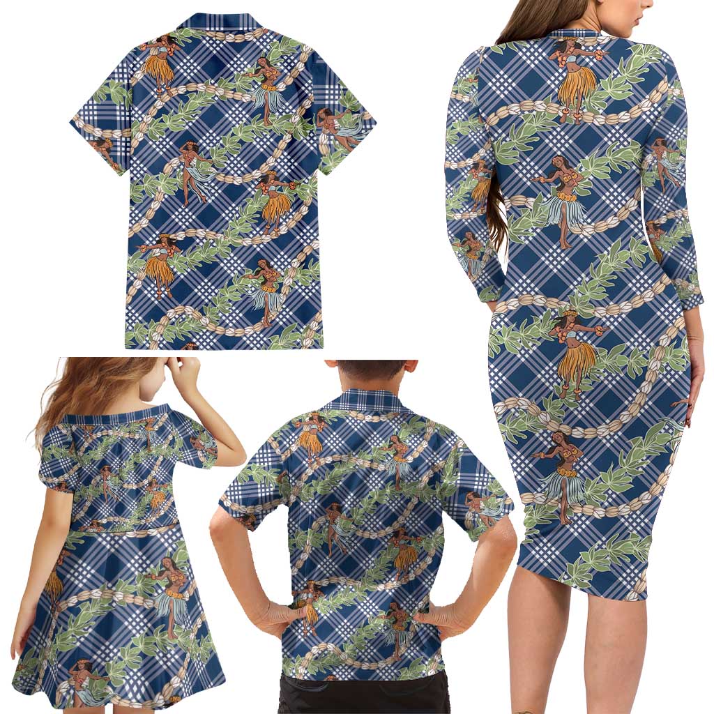 Navy Blue Palaka Hula Girls Seamless Hawaii Aloha Family Matching Long Sleeve Bodycon Dress and Hawaiian Shirt LT7 - Polynesian Pride