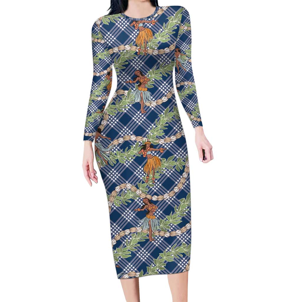 Navy Blue Palaka Hula Girls Seamless Hawaii Aloha Family Matching Long Sleeve Bodycon Dress and Hawaiian Shirt LT7 Mom's Dress Navy Blue - Polynesian Pride