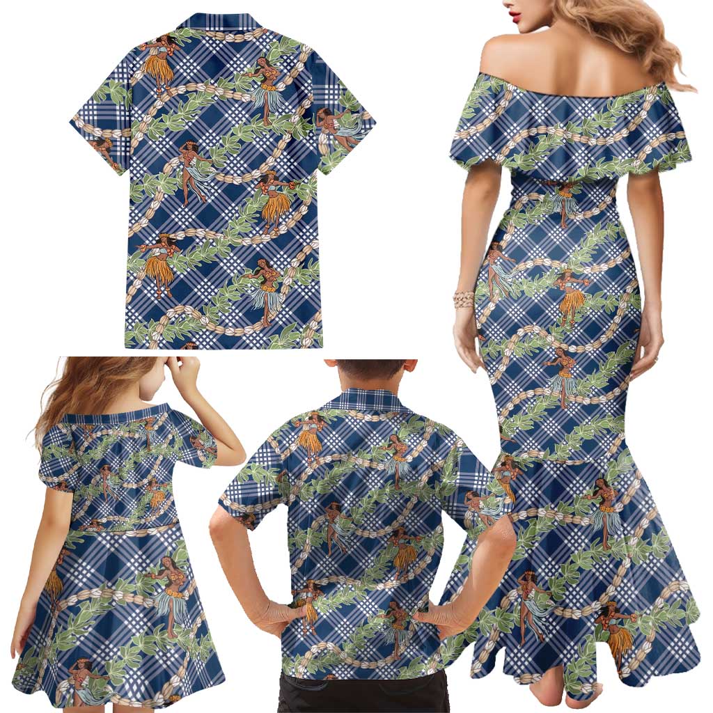 Navy Blue Palaka Hula Girls Seamless Hawaii Aloha Family Matching Mermaid Dress and Hawaiian Shirt LT7 - Polynesian Pride