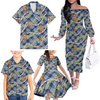 Navy Blue Palaka Hula Girls Seamless Hawaii Aloha Family Matching Off The Shoulder Long Sleeve Dress and Hawaiian Shirt LT7 - Polynesian Pride