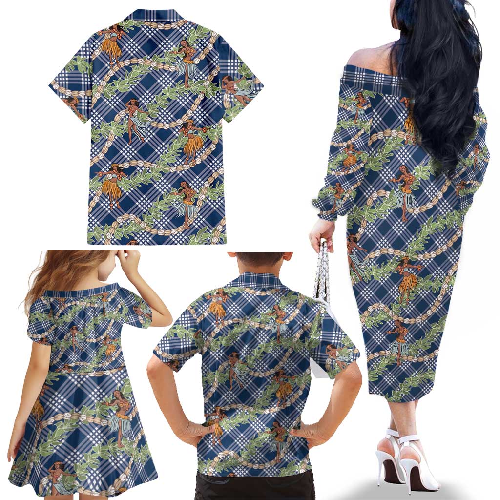 Navy Blue Palaka Hula Girls Seamless Hawaii Aloha Family Matching Off The Shoulder Long Sleeve Dress and Hawaiian Shirt LT7 - Polynesian Pride