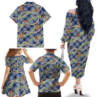 Navy Blue Palaka Hula Girls Seamless Hawaii Aloha Family Matching Off The Shoulder Long Sleeve Dress and Hawaiian Shirt LT7 - Polynesian Pride