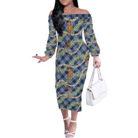 Navy Blue Palaka Hula Girls Seamless Hawaii Aloha Family Matching Off The Shoulder Long Sleeve Dress and Hawaiian Shirt LT7 Mom's Dress Navy Blue - Polynesian Pride
