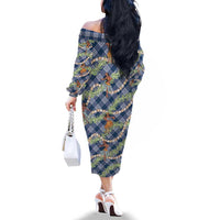 Navy Blue Palaka Hula Girls Seamless Hawaii Aloha Family Matching Off The Shoulder Long Sleeve Dress and Hawaiian Shirt LT7 - Polynesian Pride