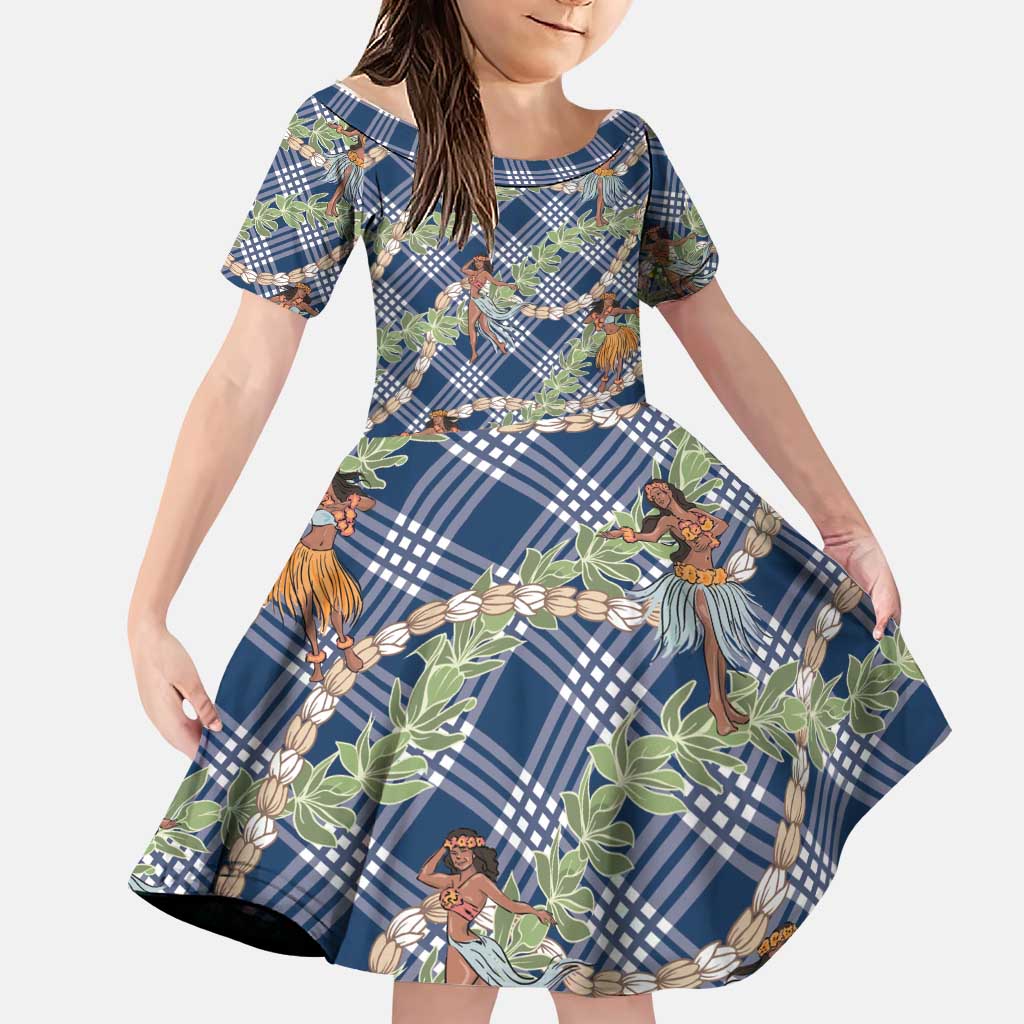 Navy Blue Palaka Hula Girls Seamless Hawaii Aloha Family Matching Off Shoulder Maxi Dress and Hawaiian Shirt LT7 Daughter's Dress Navy Blue - Polynesian Pride