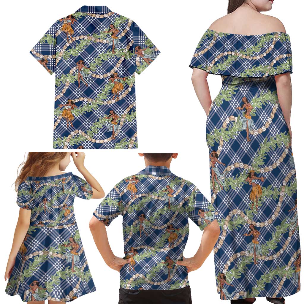 Navy Blue Palaka Hula Girls Seamless Hawaii Aloha Family Matching Off Shoulder Maxi Dress and Hawaiian Shirt LT7 - Polynesian Pride