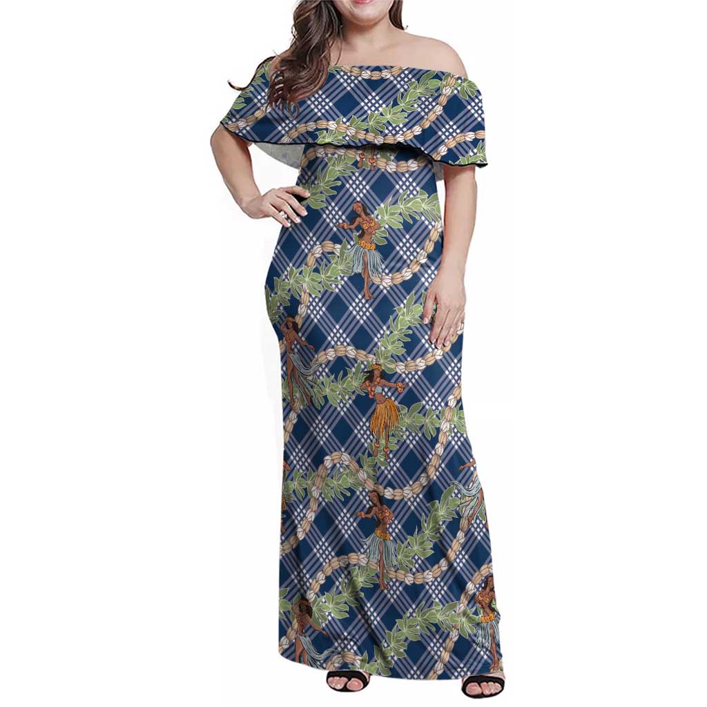 Navy Blue Palaka Hula Girls Seamless Hawaii Aloha Family Matching Off Shoulder Maxi Dress and Hawaiian Shirt LT7 Mom's Dress Navy Blue - Polynesian Pride