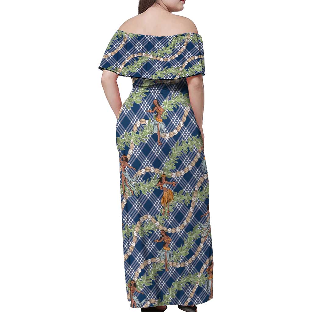 Navy Blue Palaka Hula Girls Seamless Hawaii Aloha Family Matching Off Shoulder Maxi Dress and Hawaiian Shirt LT7 - Polynesian Pride