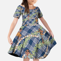 Navy Blue Palaka Hula Girls Seamless Hawaii Aloha Family Matching Off Shoulder Short Dress and Hawaiian Shirt LT7 Daughter's Dress Navy Blue - Polynesian Pride