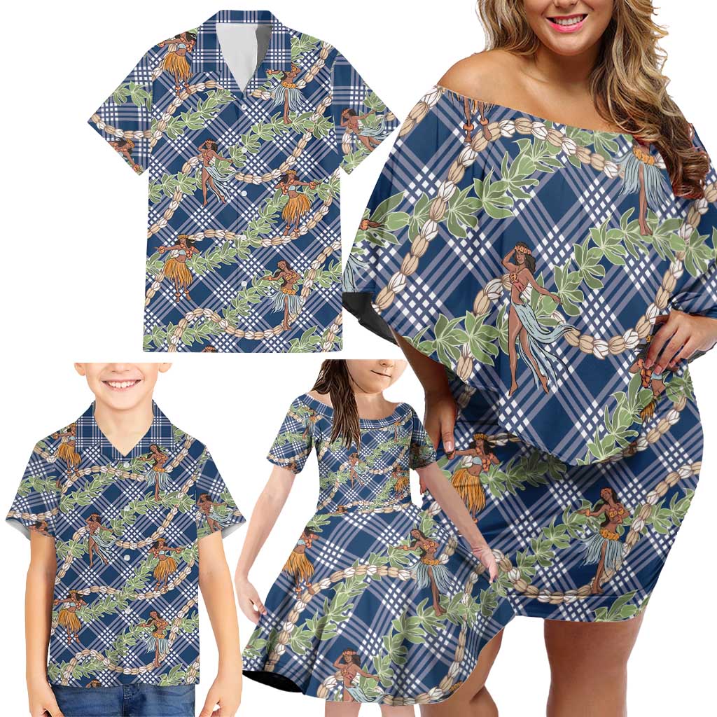 Navy Blue Palaka Hula Girls Seamless Hawaii Aloha Family Matching Off Shoulder Short Dress and Hawaiian Shirt LT7 - Polynesian Pride