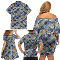 Navy Blue Palaka Hula Girls Seamless Hawaii Aloha Family Matching Off Shoulder Short Dress and Hawaiian Shirt LT7 - Polynesian Pride