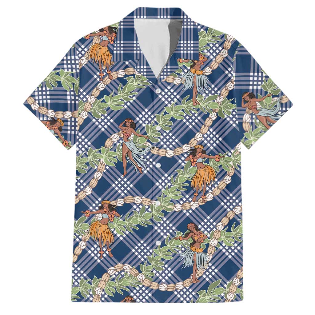 Navy Blue Palaka Hula Girls Seamless Hawaii Aloha Family Matching Off Shoulder Short Dress and Hawaiian Shirt LT7 Dad's Shirt - Short Sleeve Navy Blue - Polynesian Pride