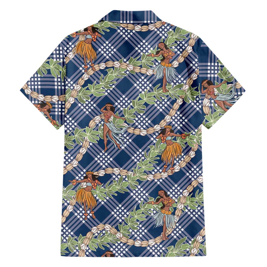 Navy Blue Palaka Hula Girls Seamless Hawaii Aloha Family Matching Off Shoulder Short Dress and Hawaiian Shirt LT7 - Polynesian Pride