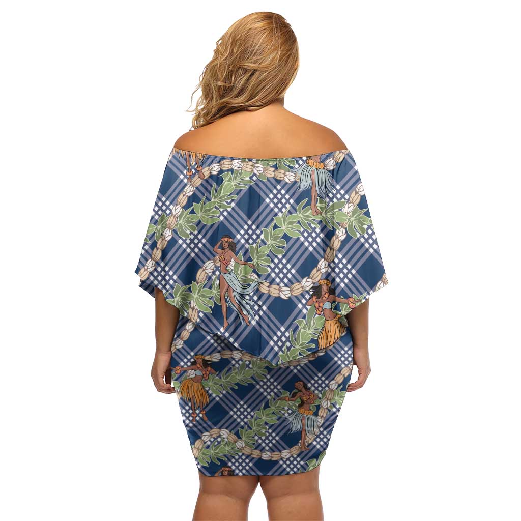 Navy Blue Palaka Hula Girls Seamless Hawaii Aloha Family Matching Off Shoulder Short Dress and Hawaiian Shirt LT7 - Polynesian Pride