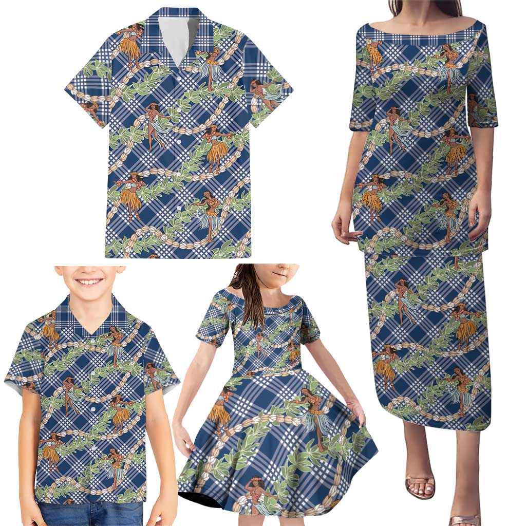 Navy Blue Palaka Hula Girls Seamless Hawaii Aloha Family Matching Puletasi and Hawaiian Shirt LT7 - Polynesian Pride
