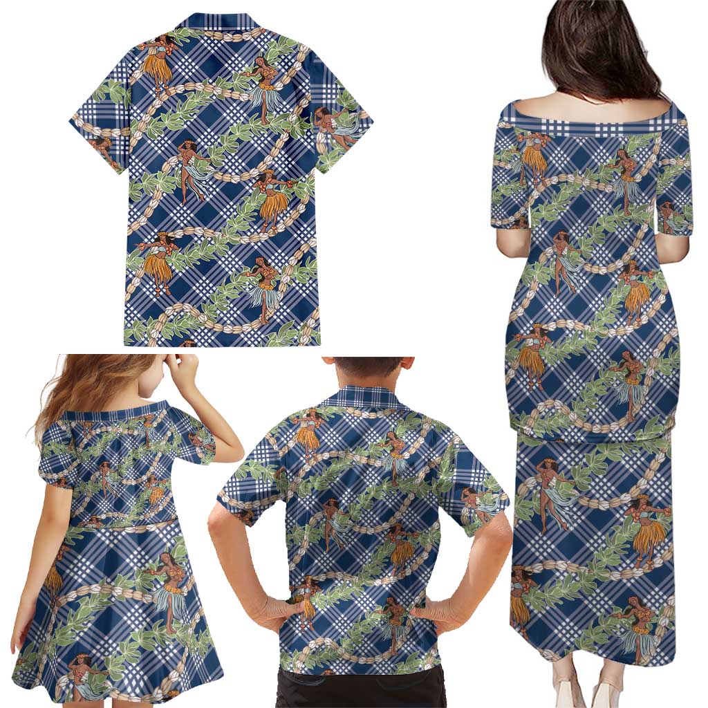 Navy Blue Palaka Hula Girls Seamless Hawaii Aloha Family Matching Puletasi and Hawaiian Shirt LT7 - Polynesian Pride