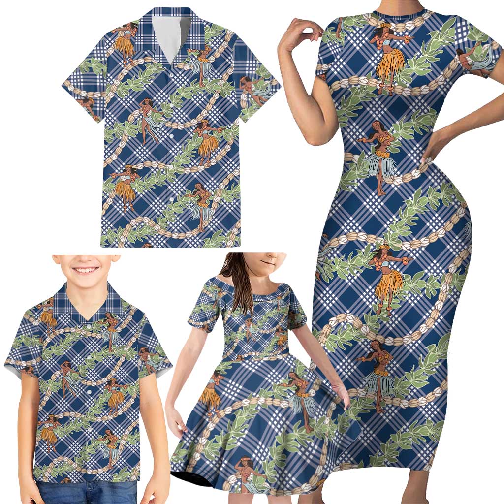Navy Blue Palaka Hula Girls Seamless Hawaii Aloha Family Matching Short Sleeve Bodycon Dress and Hawaiian Shirt LT7 - Polynesian Pride