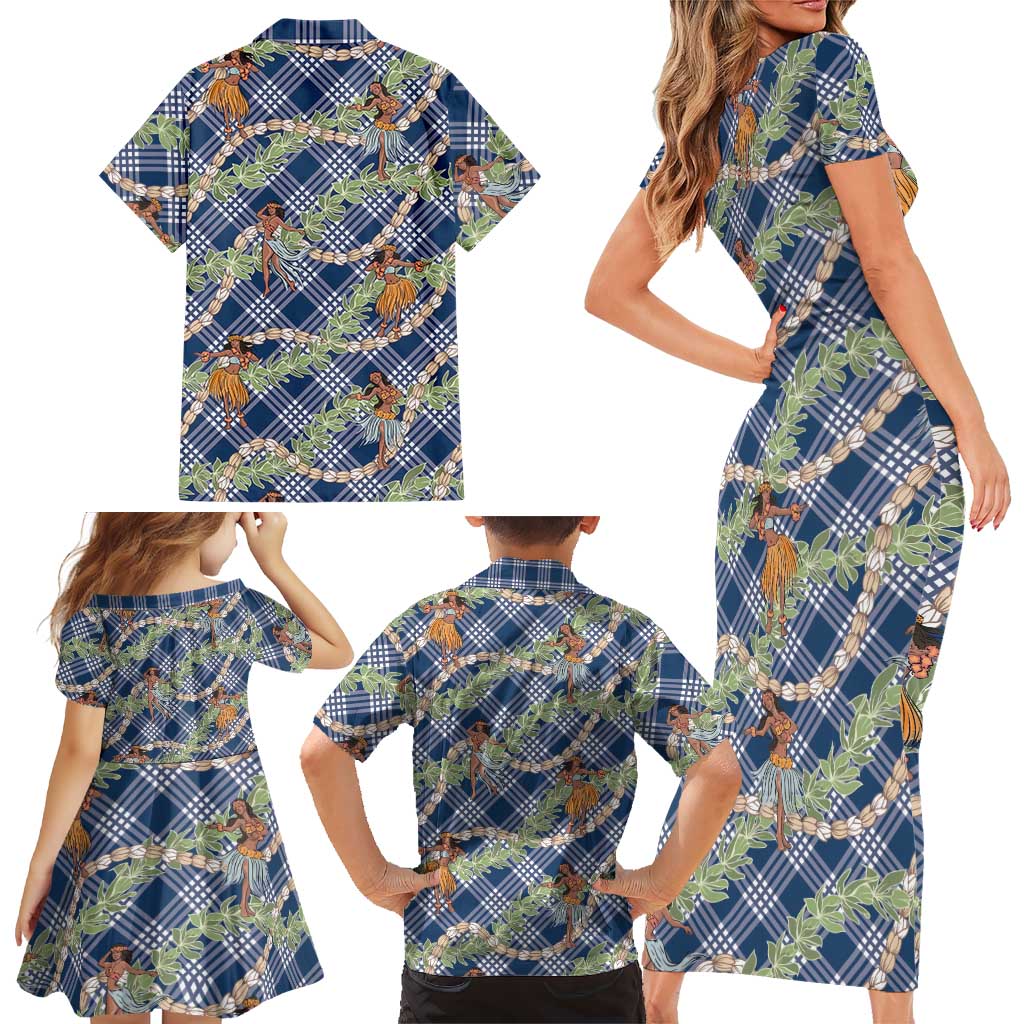 Navy Blue Palaka Hula Girls Seamless Hawaii Aloha Family Matching Short Sleeve Bodycon Dress and Hawaiian Shirt LT7 - Polynesian Pride