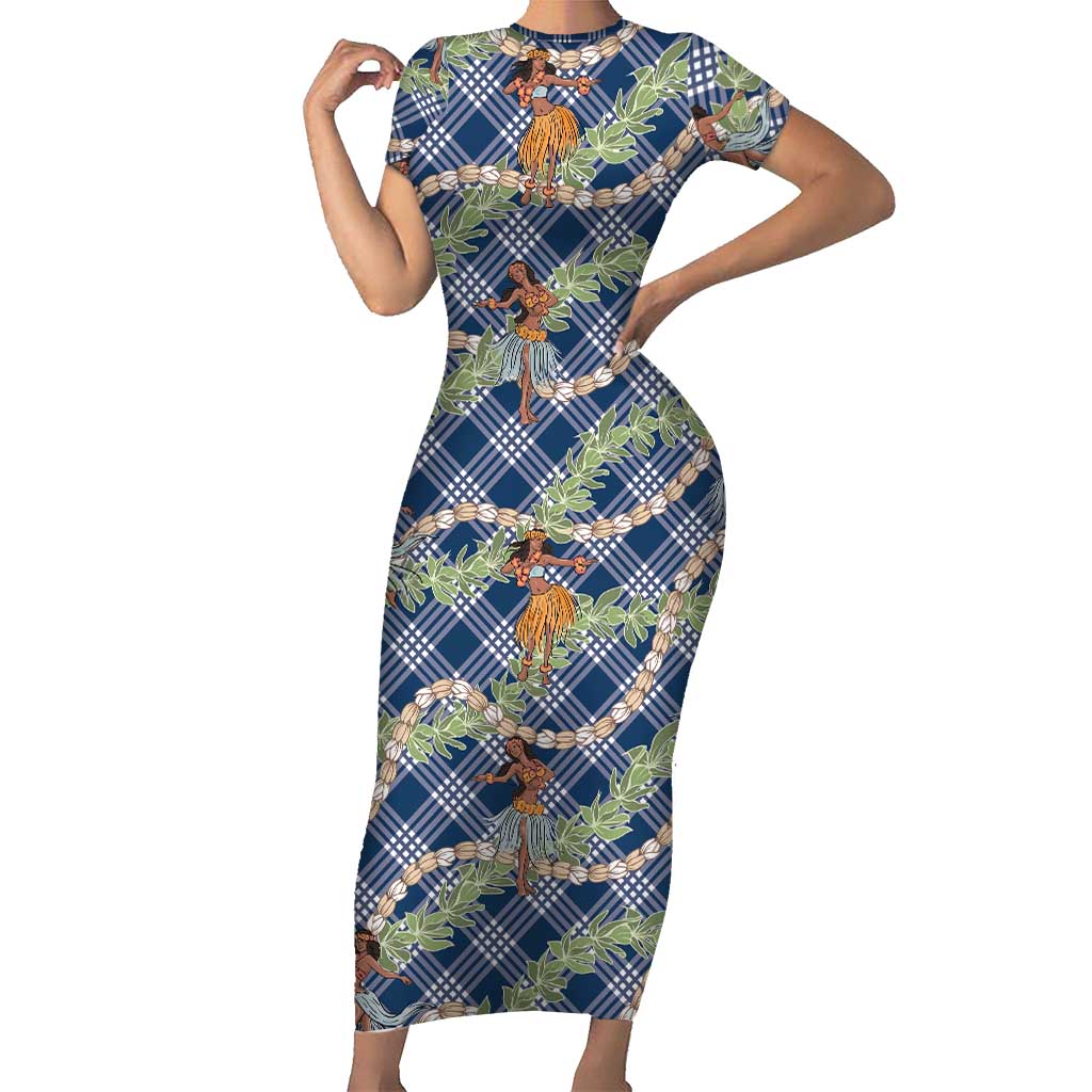 Navy Blue Palaka Hula Girls Seamless Hawaii Aloha Family Matching Short Sleeve Bodycon Dress and Hawaiian Shirt LT7 Mom's Dress Navy Blue - Polynesian Pride