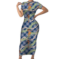 Navy Blue Palaka Hula Girls Seamless Hawaii Aloha Family Matching Short Sleeve Bodycon Dress and Hawaiian Shirt LT7 Mom's Dress Navy Blue - Polynesian Pride