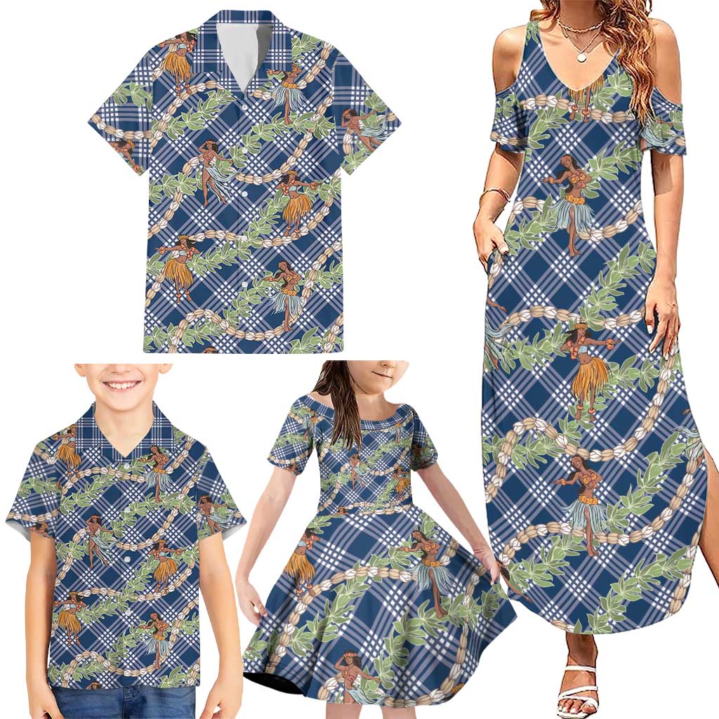 Navy Blue Palaka Hula Girls Seamless Hawaii Aloha Family Matching Summer Maxi Dress and Hawaiian Shirt LT7 - Polynesian Pride
