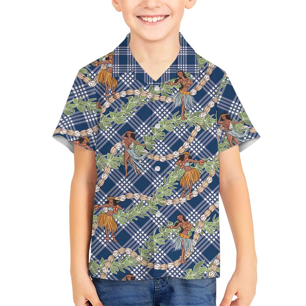 Navy Blue Palaka Hula Girls Seamless Hawaii Aloha Kid Hawaiian Shirt - Polynesian Pride