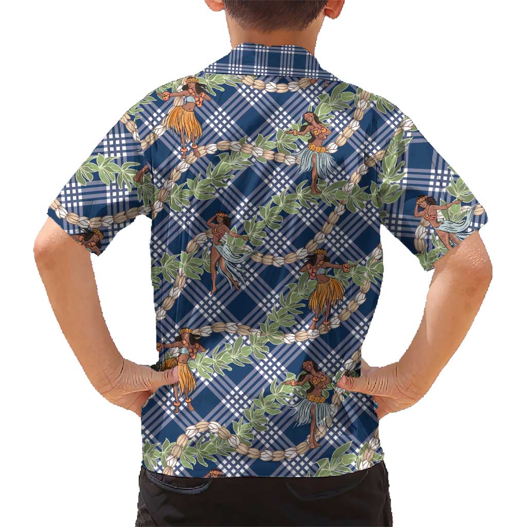 Navy Blue Palaka Hula Girls Seamless Hawaii Aloha Kid Hawaiian Shirt - Polynesian Pride
