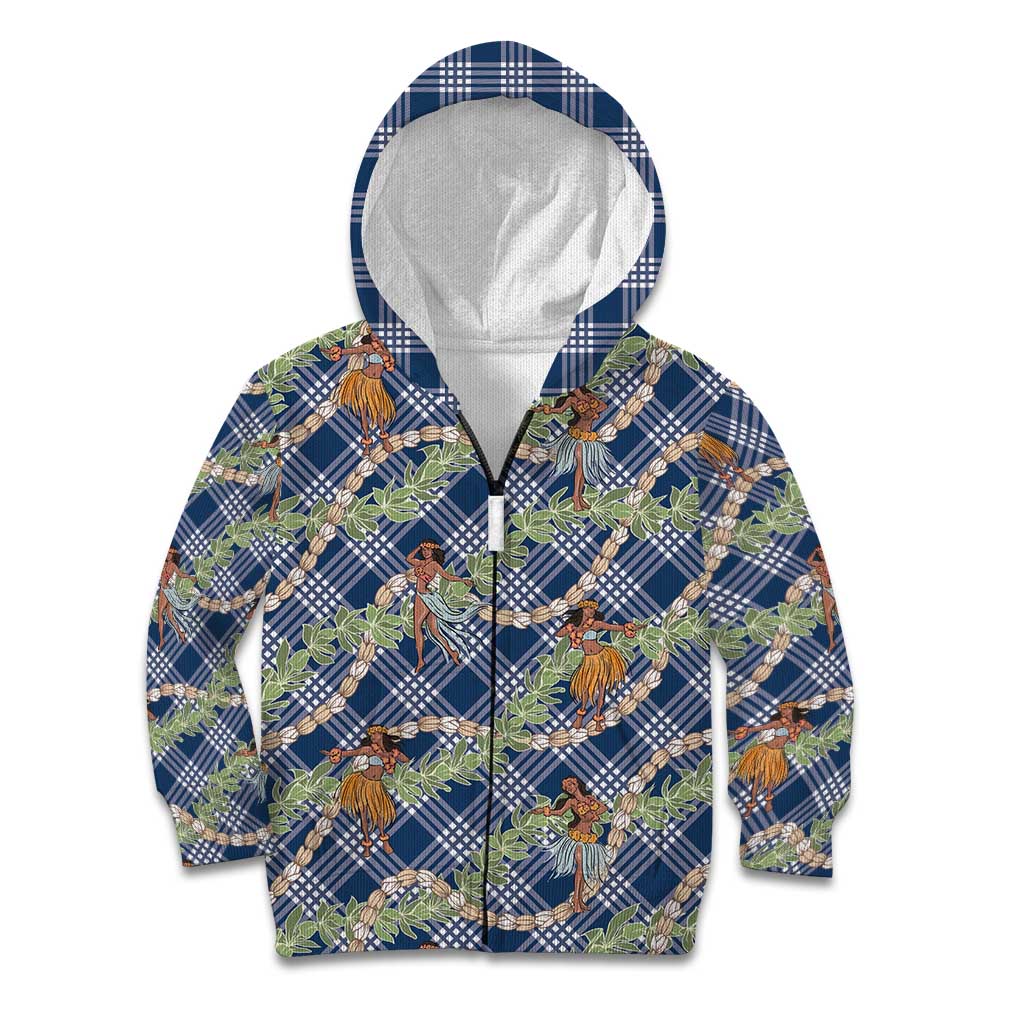 Navy Blue Palaka Hula Girls Seamless Hawaii Aloha Kid Hoodie - Polynesian Pride