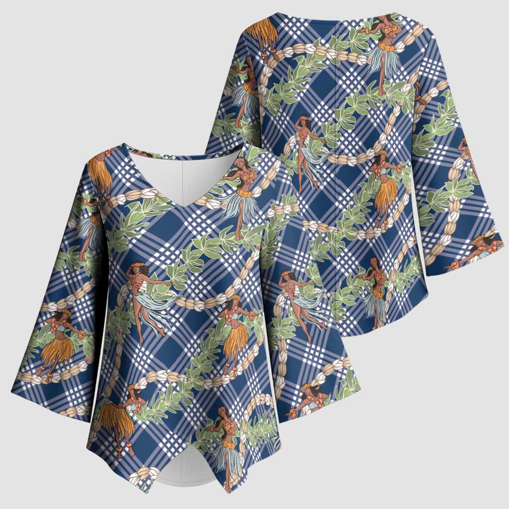 Navy Blue Palaka Hula Girls Seamless Hawaii Aloha Kimono Sleeve Blouse - Polynesian Pride