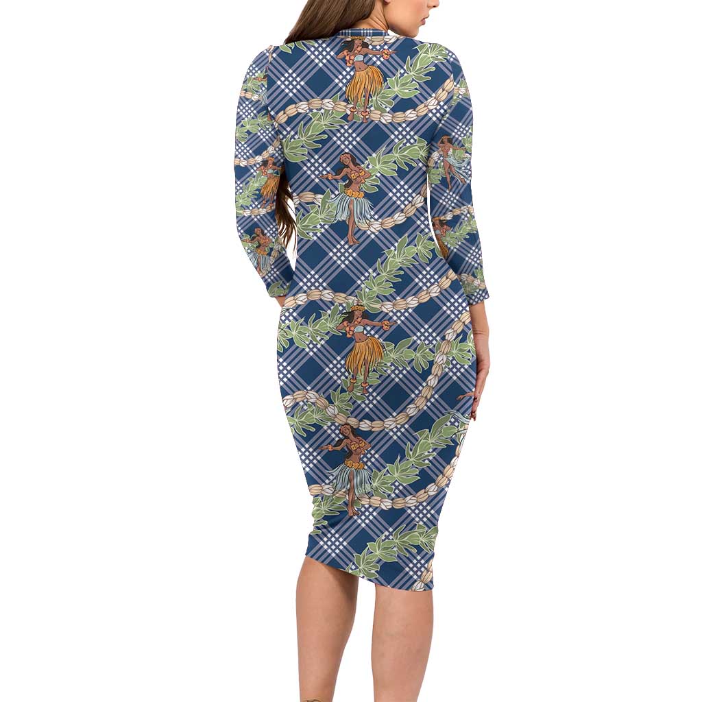 Navy Blue Palaka Hula Girls Seamless Hawaii Aloha Long Sleeve Bodycon Dress - Polynesian Pride