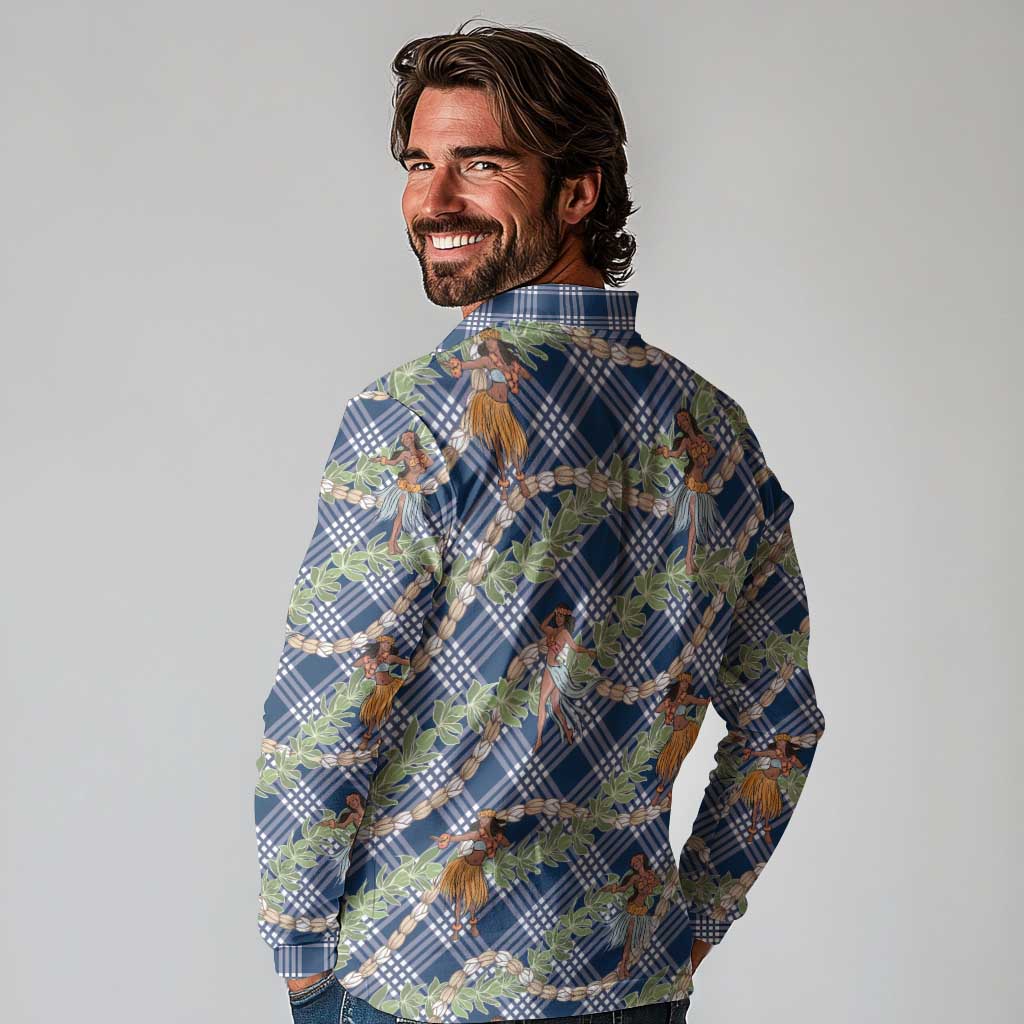 Navy Blue Palaka Hula Girls Seamless Hawaii Aloha Long Sleeve Polo Shirt - Polynesian Pride
