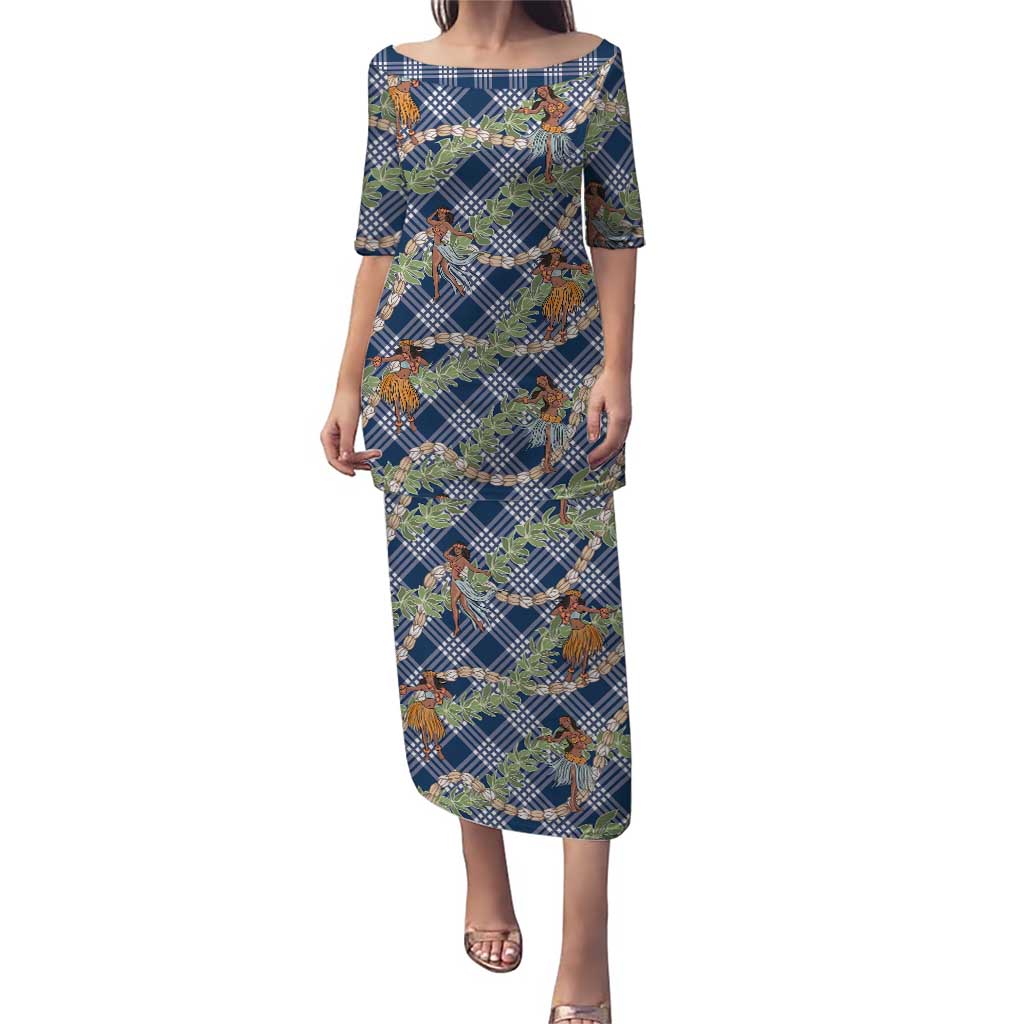 Navy Blue Palaka Hula Girls Seamless Hawaii Aloha Puletasi - Polynesian Pride
