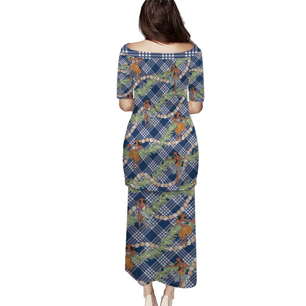 Navy Blue Palaka Hula Girls Seamless Hawaii Aloha Puletasi - Polynesian Pride