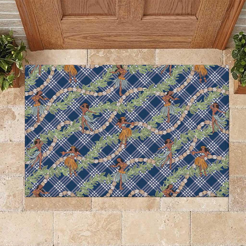 Navy Blue Palaka Hula Girls Seamless Hawaii Aloha Rubber Doormat - Polynesian Pride
