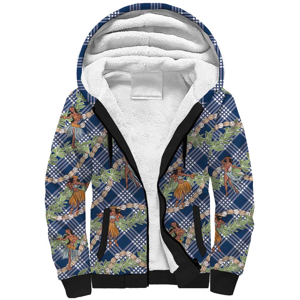 Navy Blue Palaka Hula Girls Seamless Hawaii Aloha Sherpa Hoodie - Polynesian Pride