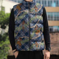 Navy Blue Palaka Hula Girls Seamless Hawaii Aloha Sleeveless Puffer Jacket - Polynesian Pride