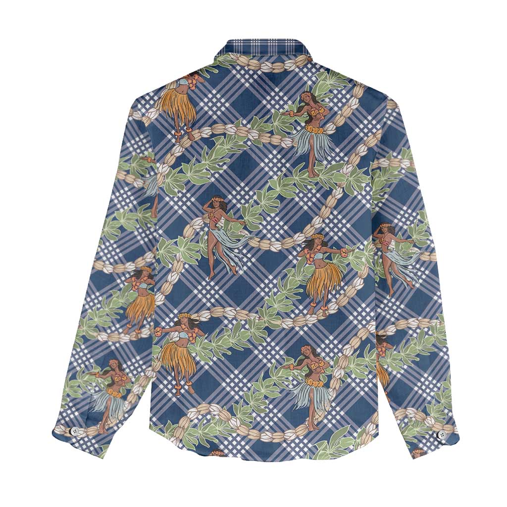 Navy Blue Palaka Hula Girls Seamless Hawaii Aloha Women Casual Shirt - Polynesian Pride