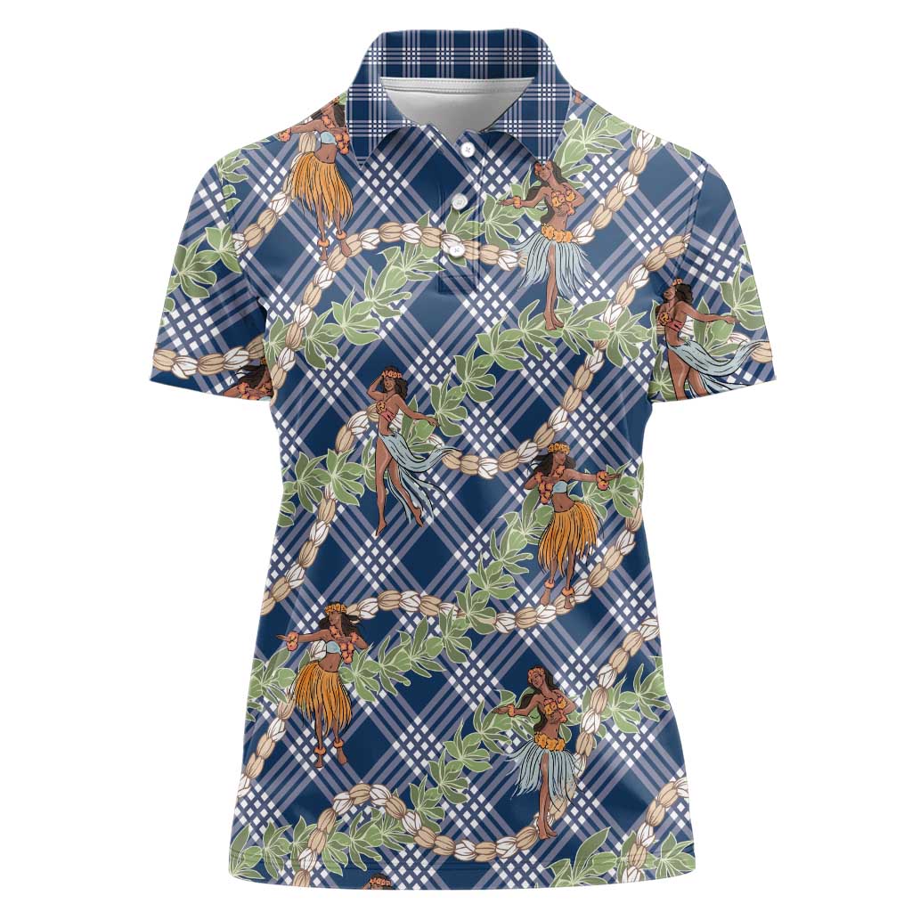 Navy Blue Palaka Hula Girls Seamless Hawaii Aloha Women Polo Shirt LT7 Female Navy Blue - Polynesian Pride