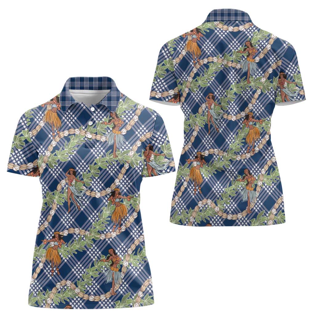Navy Blue Palaka Hula Girls Seamless Hawaii Aloha Women Polo Shirt LT7 - Polynesian Pride