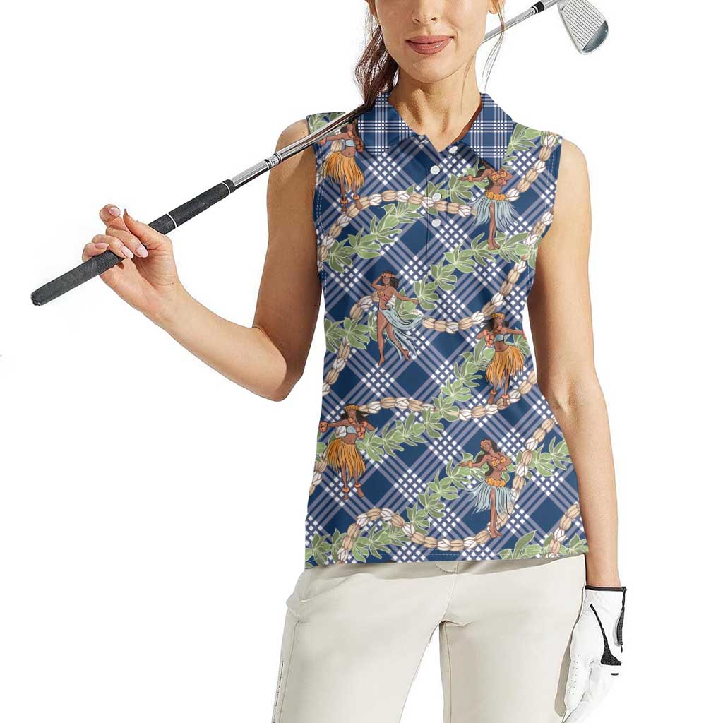 Navy Blue Palaka Hula Girls Seamless Hawaii Aloha Women Sleeveless Polo Shirt - Polynesian Pride