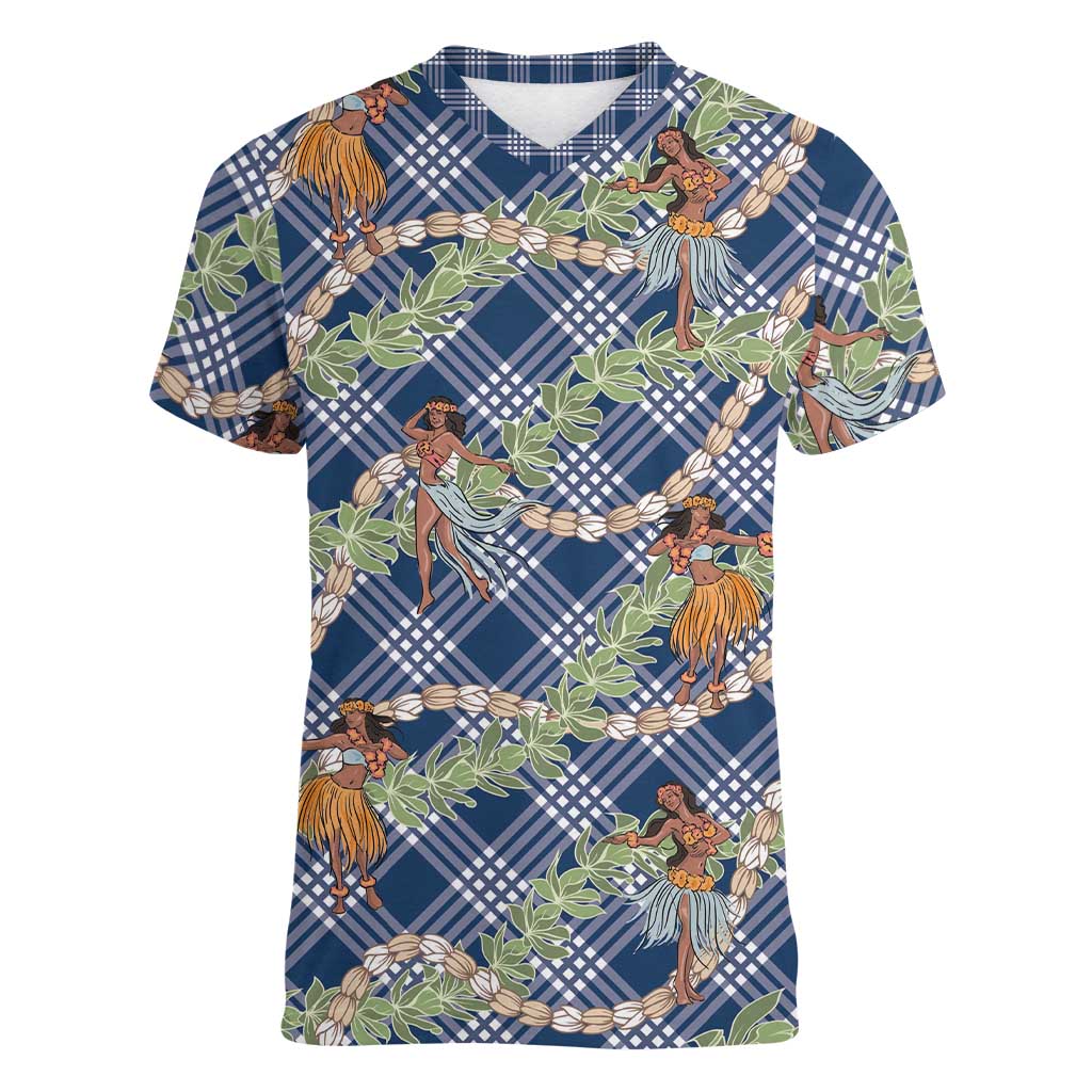 Navy Blue Palaka Hula Girls Seamless Hawaii Aloha Women V-Neck T-Shirt - Polynesian Pride