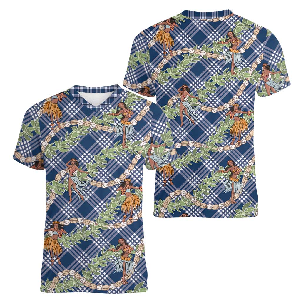 Navy Blue Palaka Hula Girls Seamless Hawaii Aloha Women V-Neck T-Shirt - Polynesian Pride
