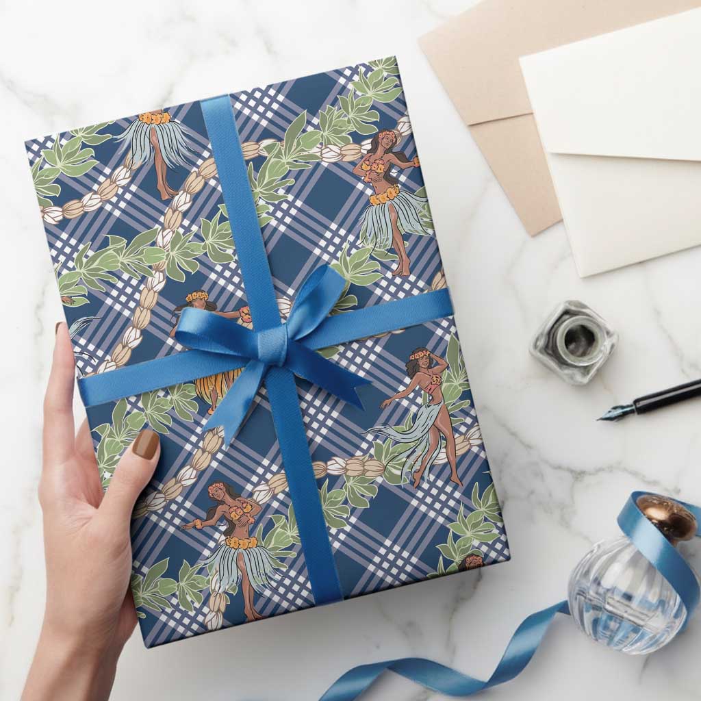 Navy Blue Palaka Hula Girls Seamless Hawaii Aloha Wrapping Paper