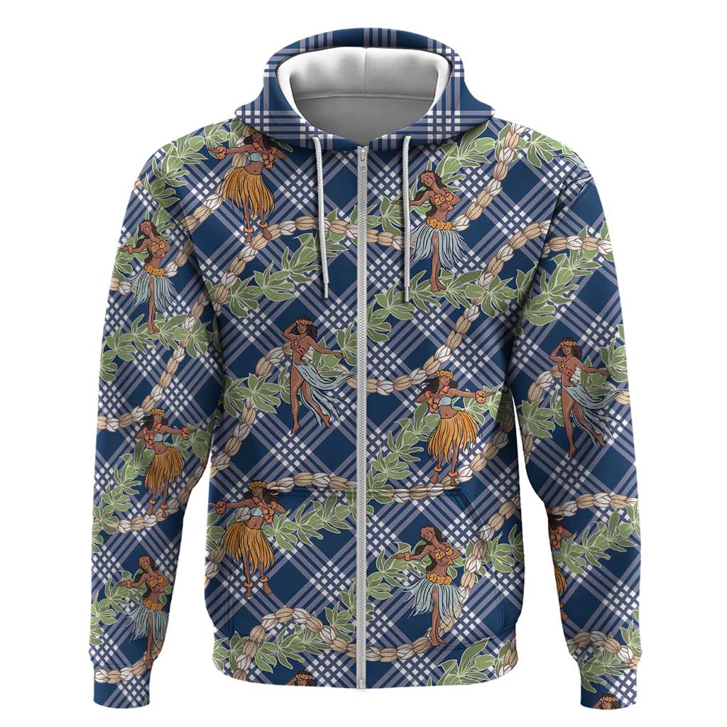 Navy Blue Palaka Hula Girls Seamless Hawaii Aloha Zip Hoodie - Polynesian Pride