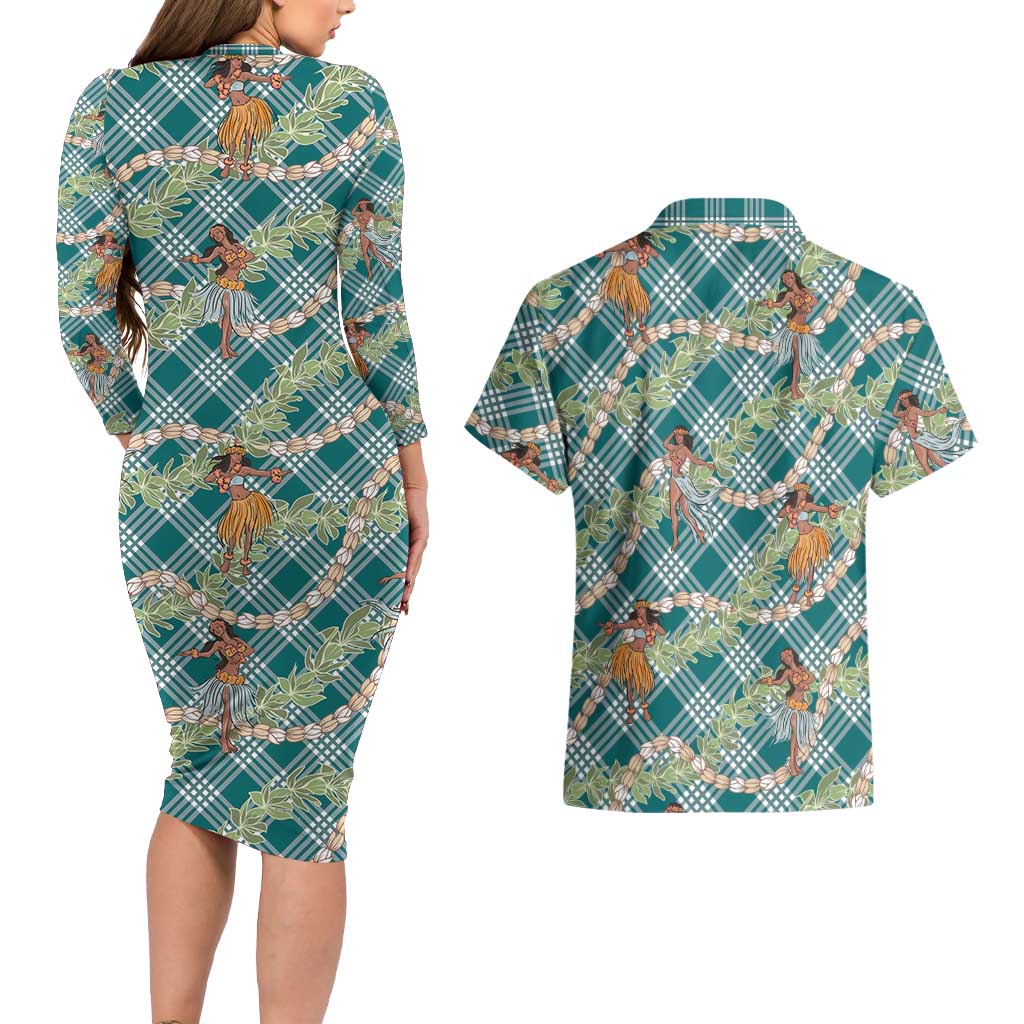 Teal Palaka Hula Girls Seamless Hawaii Aloha Couples Matching Long Sleeve Bodycon Dress and Hawaiian Shirt LT7 - Polynesian Pride