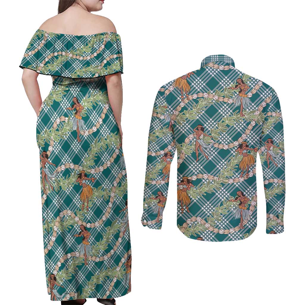 Teal Palaka Hula Girls Seamless Hawaii Aloha Couples Matching Off Shoulder Maxi Dress and Long Sleeve Button Shirt - Polynesian Pride
